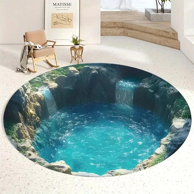 Optical Illusion Pool-Themed Round Rug – Machine-Washable Non-Slip Floor Mat for Entryway Bedroom & Living Room