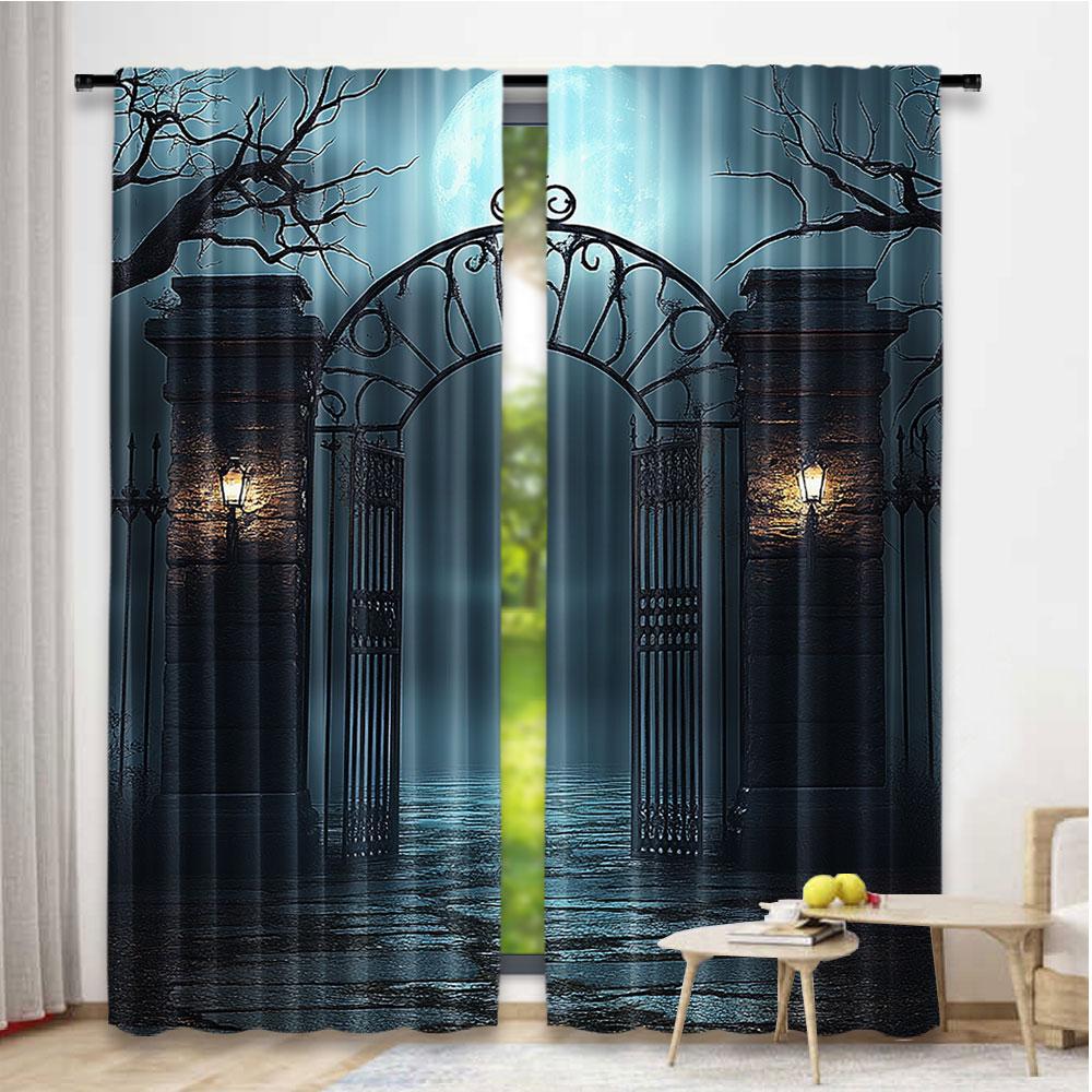 2Pcs Horror House Curtain Moon Halloween Historical Gate Gothic Candles Wall Lamp For Living Room Bedroom Dining Room