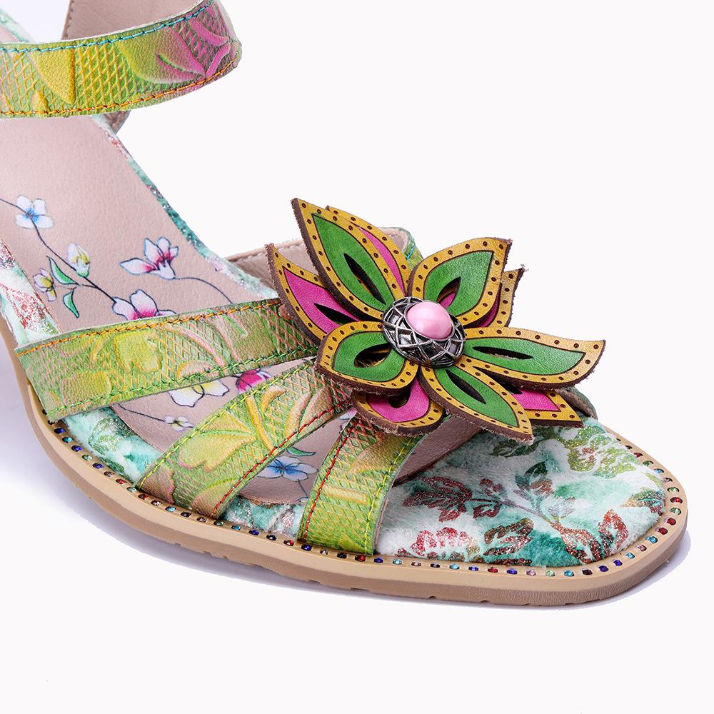 Johnature Women's Summer Shoes Genuine Leather Painted Retro Contrast Comfortable High Heeled Sandals