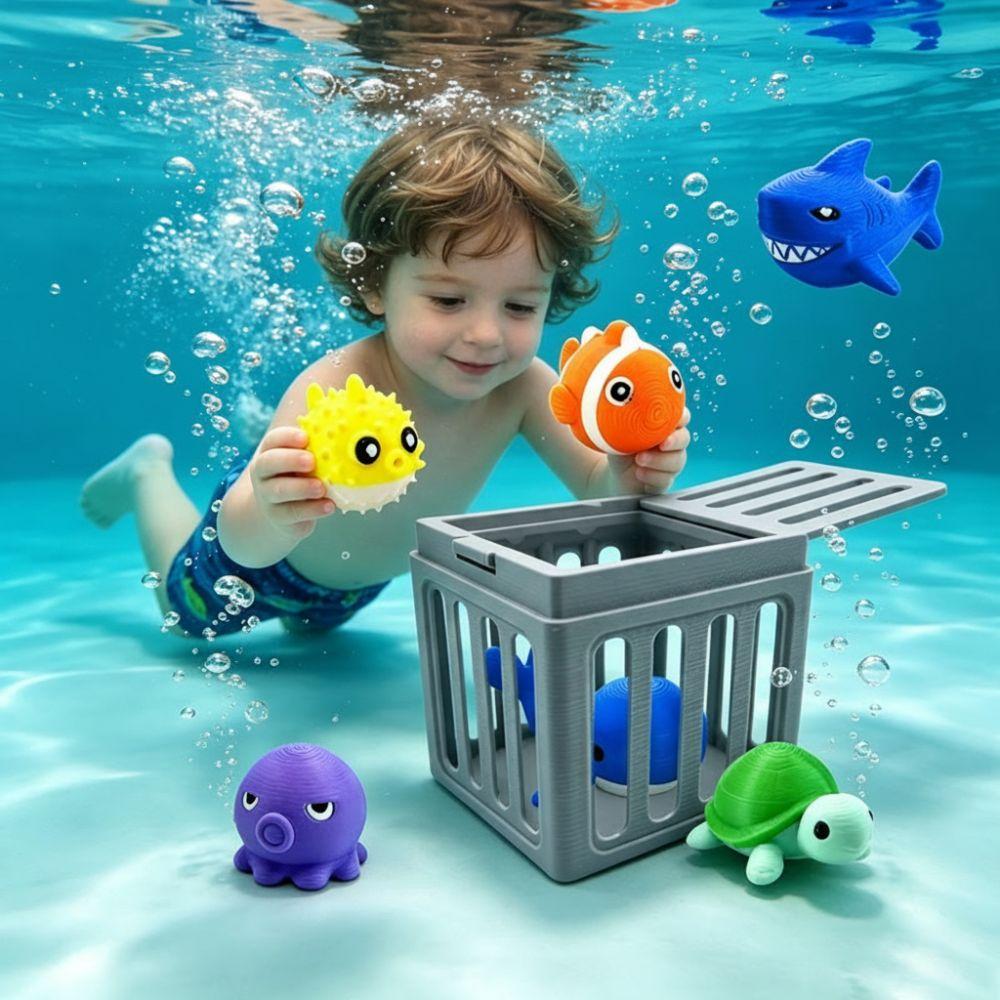 Cute Cartoon Design Underwater Dive Toys with Storage Cage Pool Diving Game Set Summer Water Play