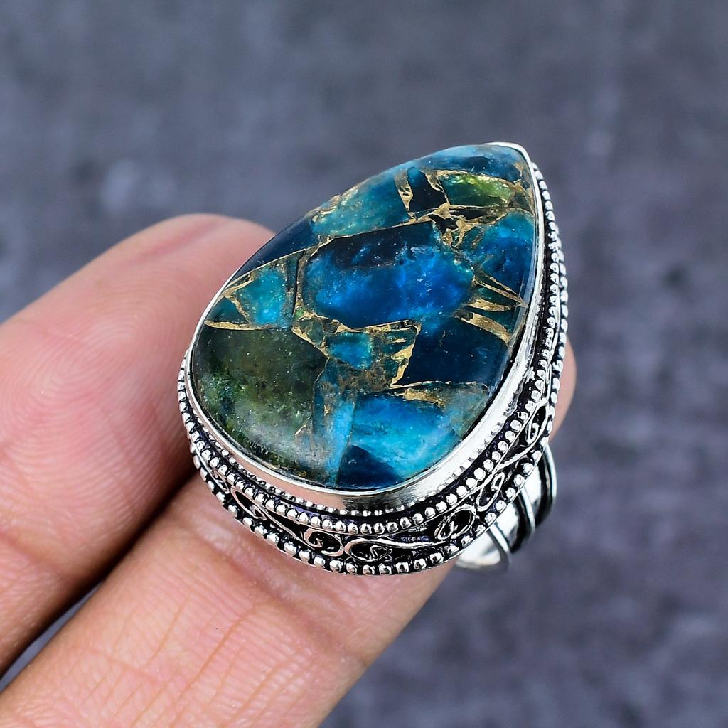 Natural Copper Apatite Gemstone 925 Sterling Silver Jewelry Ring Size 9 ET-4806