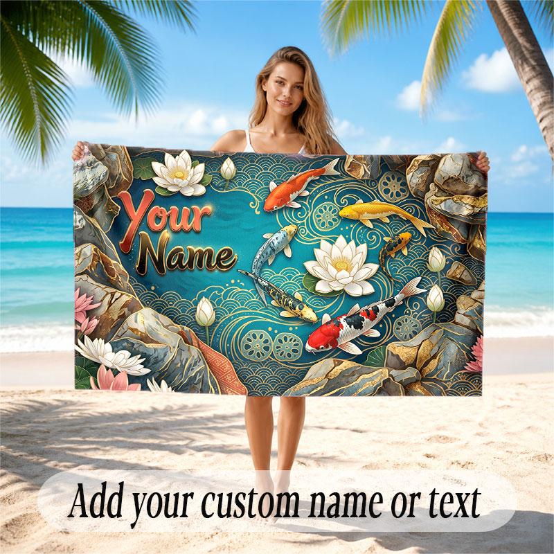 Koi Fish Theme Beach Towel Personalized Custom Name & Text Soft Quick Dry Beach Towel for Swimming Travel