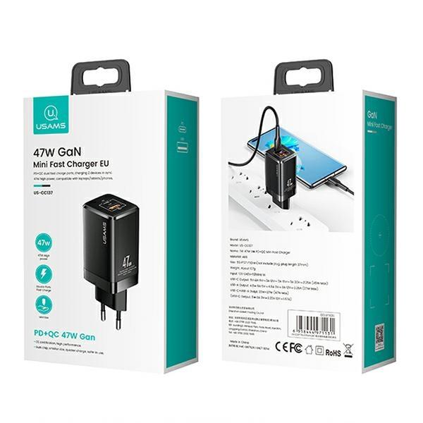 Usams Ład. Siec. T41 Usb-C+Usb Gan 47Wpd+Qc (Only Head) Fast Charging Czarny/Black Cc137Tc01 (Us-Cc137)