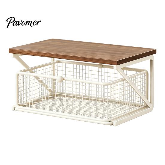 Dust Proof Storage Drawer Coffee Station Organizer with Drawer, Tiered Bar Organizer, Wooden Top Shelf, Pods Holder Wire Mesh Drawers for Tea