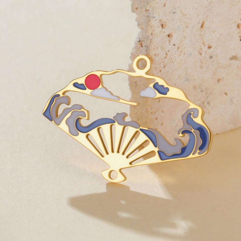 Chinese Style Hollow Fan Charms Stainless Steel Enamel Red Sun Cloud Pendants for DIY Earrings Necklace DIY Jewelry Making Gifts