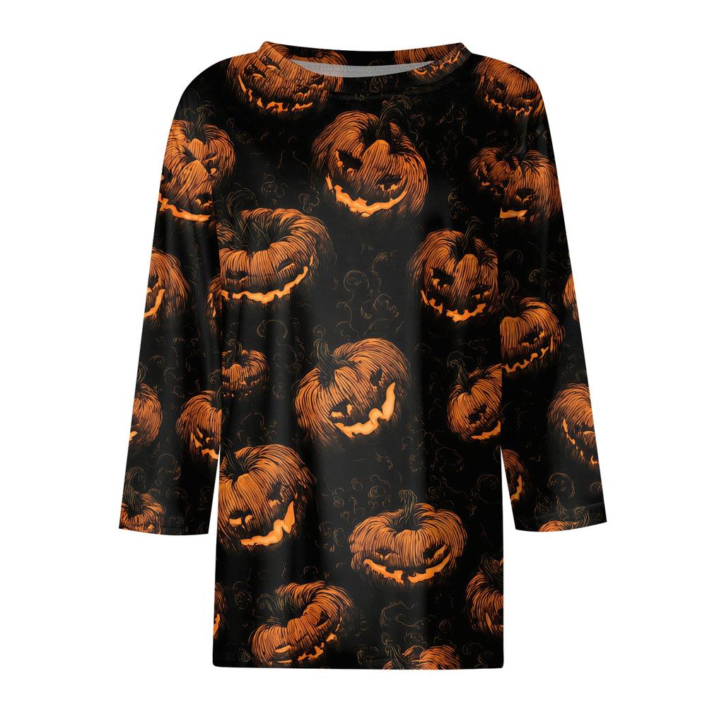 Women 3/4 Sleeve Casual Loose Fit Shirt Round Neck Halloween Pumpkin Print T-Shirt Top for Everyday Wear