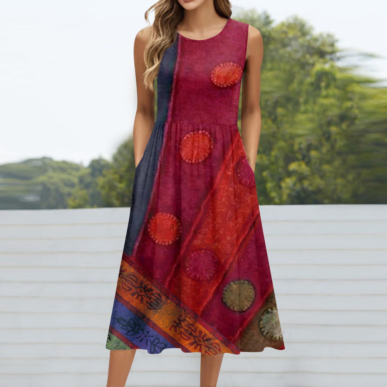 

Женское модное ретро-платье с цветочным принтом, круглым вырезом, без рукавов, повседневным свитером и карманом средней длины XL красный