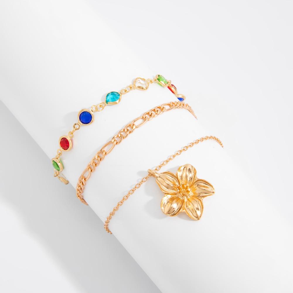 3pcs Set Bohemian Retro Colorful Crystal Chain Metal Flower Pendant Anklets for Women Beach Vacation Foot Jewelry Accessory Gift