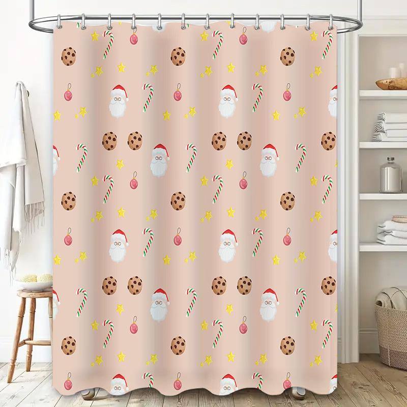 Christmas Shower Curtain - Santa Cookies & Candy Canes on Soft Pink, Waterproof Holiday Bath Decor with Cozy Bathroom Scene