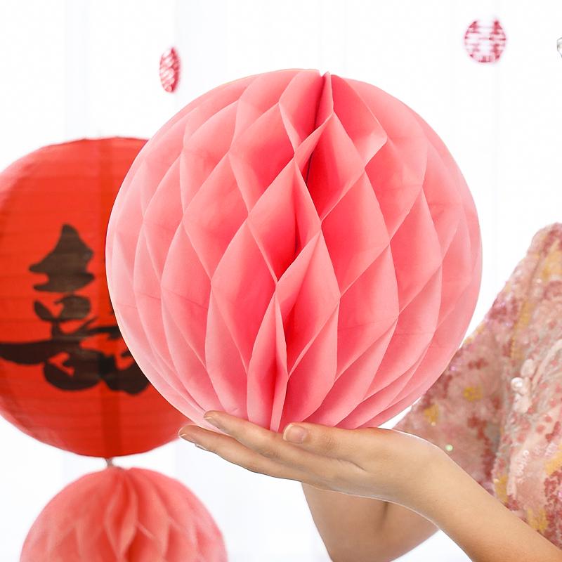 Wedding Double Happiness Garland & Lantern Set with Honeycomb Ball Columns for Background Decor