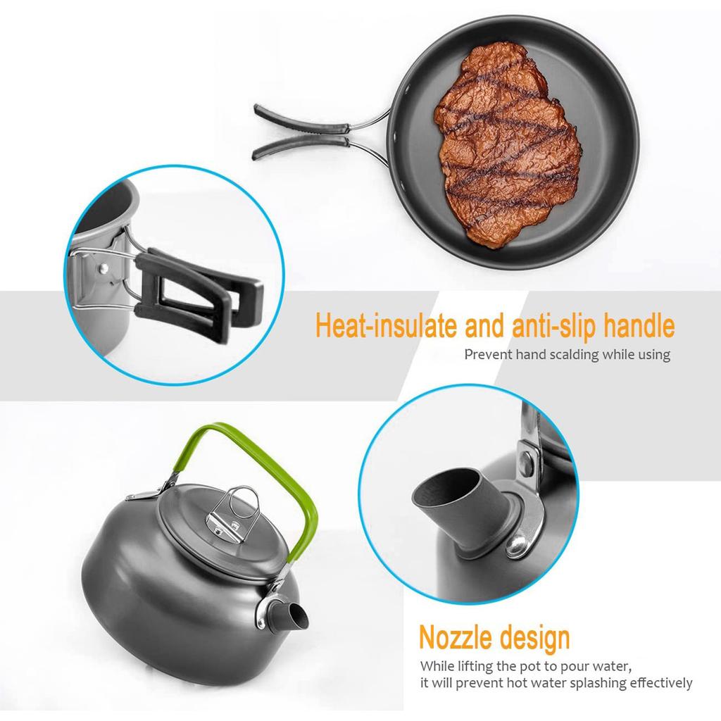 22PCS Camping Cookware Set Portable Outdoor Cooking Pot with Teapot Anodized Aluminum Nonstick Lightweight Picnic Gear