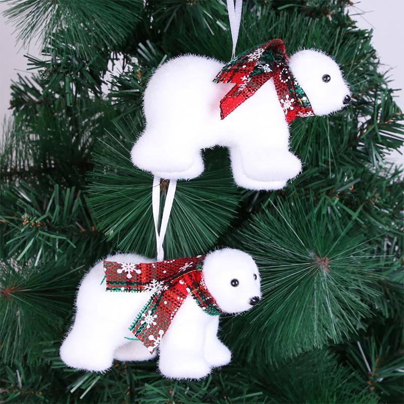 Christmas Cute Flocking White Bear Christmas Tree Ornaments Xmas Hanging Tree Pendants Toy Decoration Gift For Girl Boy Kid