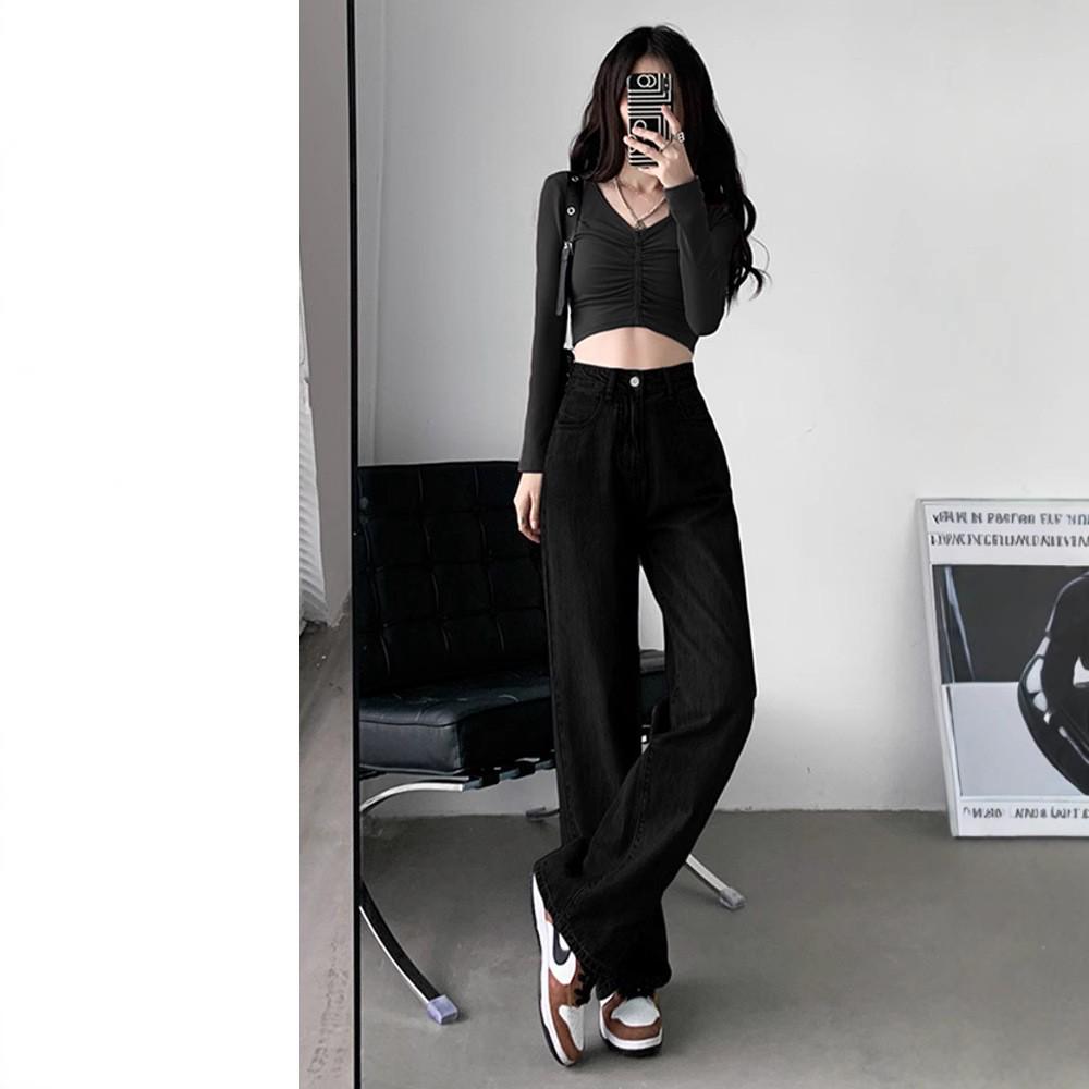 Women's High-Waisted Straight-Leg Jeans: Spring 2025, Thin, Small Size, Loose, Wide-Leg, Floor-Length