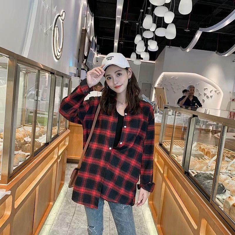 2026 Spring/Autumn Women's Korean Plaid Shirt - Loose, Retro Hong Kong Style, Trendy Long Sleeve Top