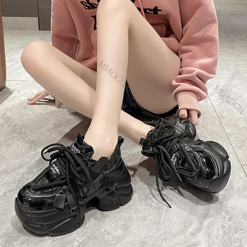 Fashion Women Platform Sneakers Spring Autumn 8cm Chunky High Heels Bling Red Ladies Wedges Casual Dad Shoes Leather Sports Sneakers