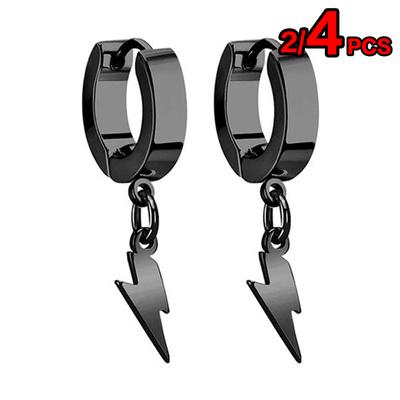 2/4pcs Unisex Punk Hip Hop Stainless Steel Silver Black Gold Thunderbolt Lightning Bolt Hanging Hug Hoop Earring Gift for Women Men Boys Teens