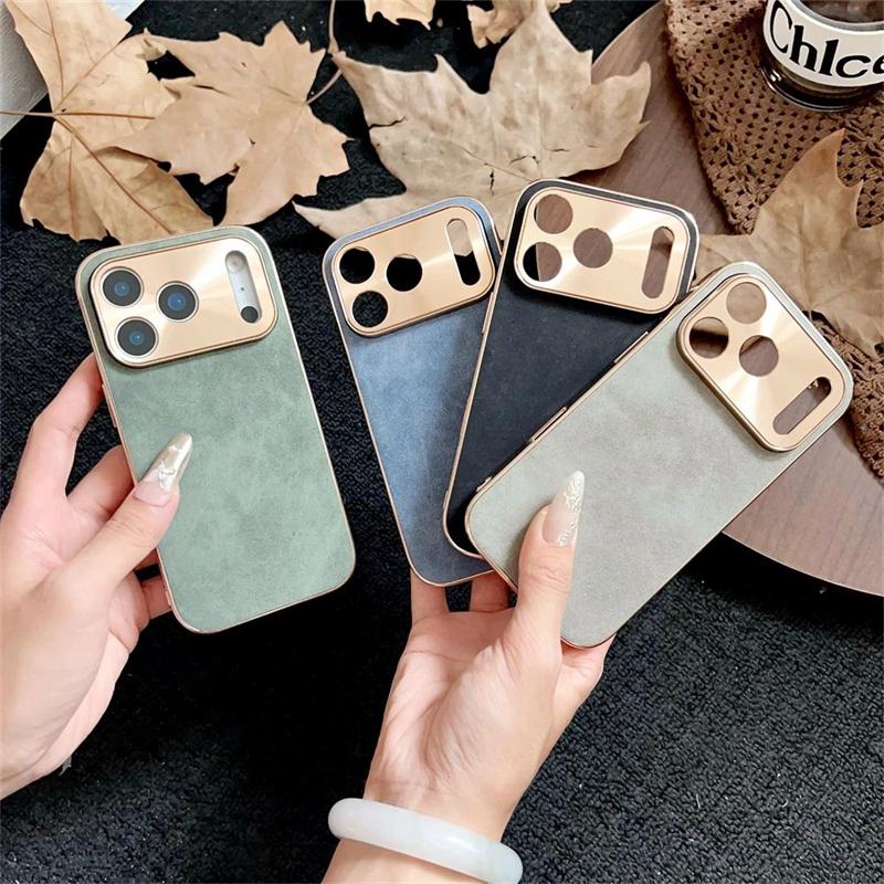 Vintage Leather Plating Frame Phone Case for IPhone 17Air 16E 15 14 Plus 13 Pro Max Shockproof Matte Solid Color Protector Cover