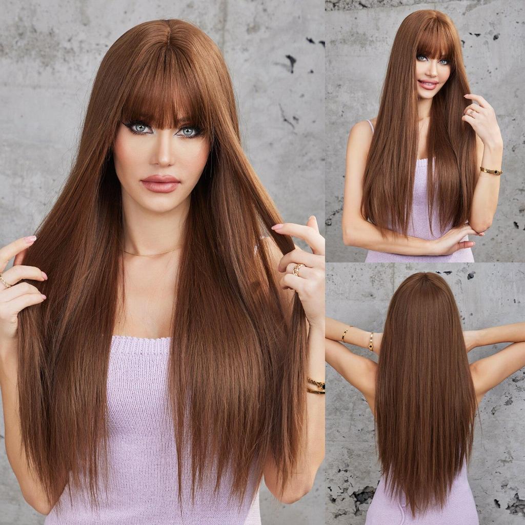 LOUIS FERRE czekoladowy brąz z blond refleksami włosy syntetyczne długie proste naturalne peruki z grzywką damska peruka z włókna Cosplay