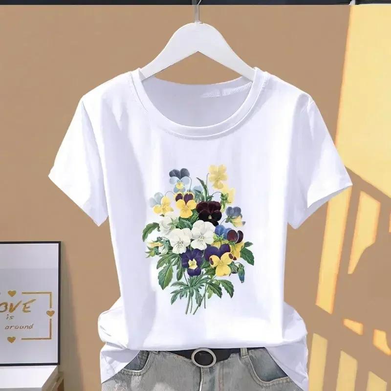 

Sports Fashion Casual Summer flower Graphic Print Tshirts Women Short Sleeved Tops Tees Aesthetic Clothes Harajuku streetwear S