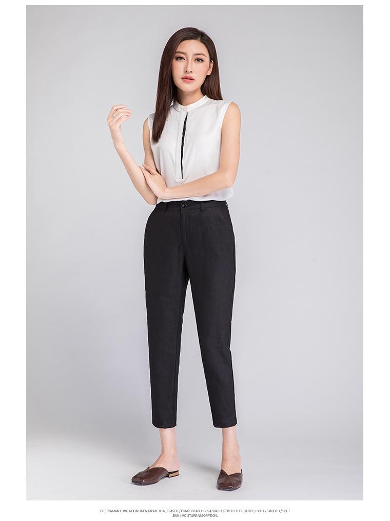 Women's High-Waist Cotton Linen Cigarette Pants - Summer 2025, Petite Eight-Point Casual, Straight Leg