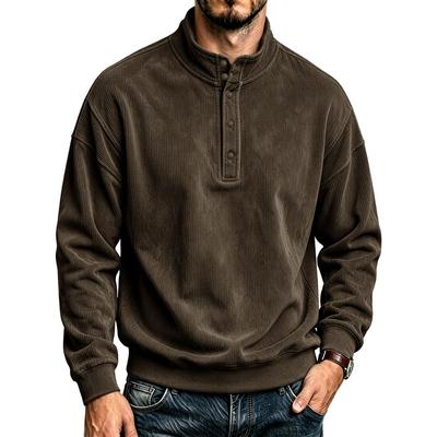 Sweatshirt Henley Homme Côtelé Lourd Col Montant Demi-Patte Boutonnée Pull Coupe Ample Manches Longues Hauts Décontractés Automne Hiver Hoodie Quotidien