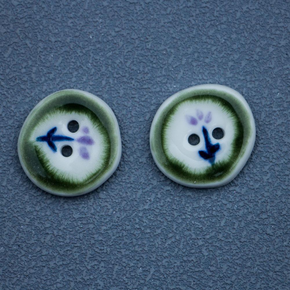 20mm Irregular Round Green Floral Ceramic Button for Clothing Accessories, Handmade in Jingdezhen.