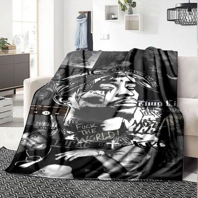 1 stuks 2Pac Hip Hop Deken Zacht Lichtgewicht Alle Seizoenen Multifunctioneel Plaid voor Bank, Bed, Kantoor & Picknicks, Franse Stijl met Iconische Albumhoezen & Citaten
