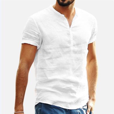 Summer Men's Short-sleeved Cotton and Linen T-shirt Retro Loose Solid Color Shirt Stand-up Collar Shirt
