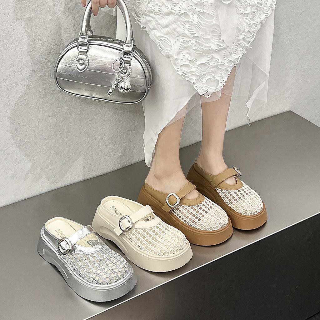 Mesh Mary Jane Slippers Women's 2025 Summer New Thick-soled One-word Buckle Hollow Mesh High Heel Sandals Fishnet Shoes