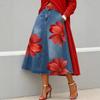 Dames Casual Mode Imitatie Denim Bloemenprint Midi Halve Rok