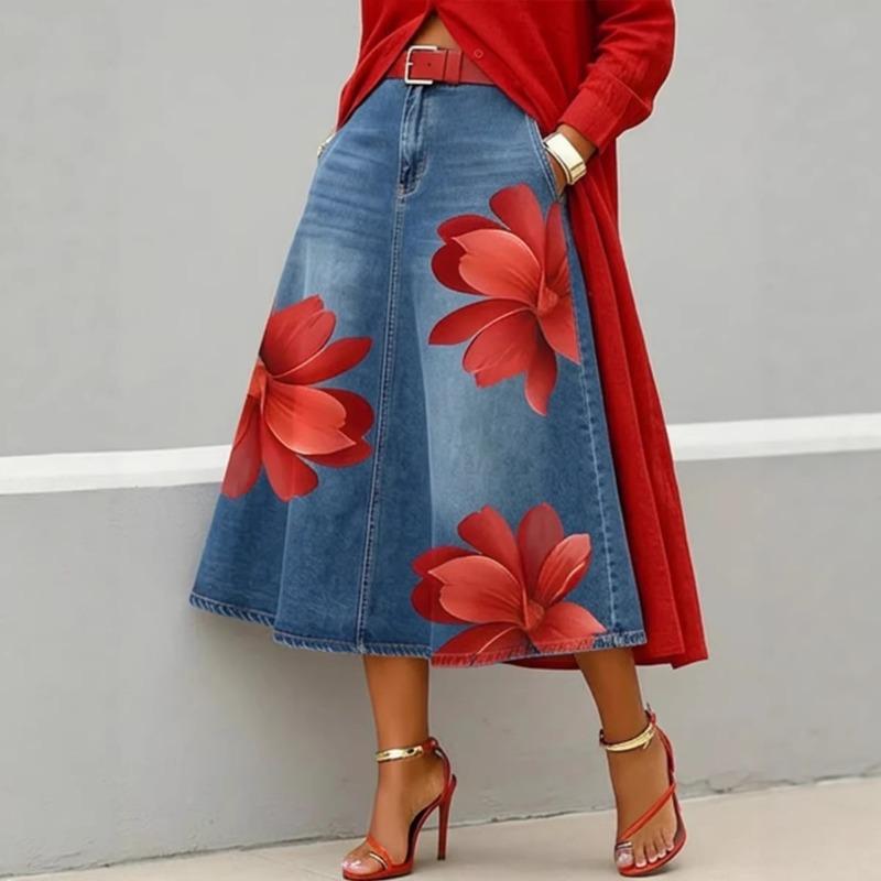 Dames Casual Mode Imitatie Denim Bloemenprint Midi Halve Rok