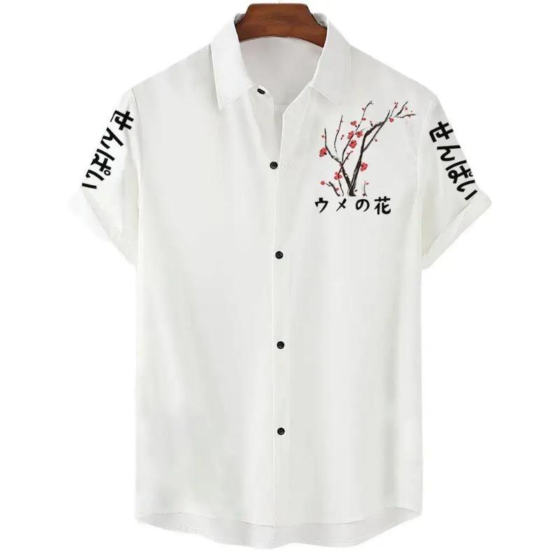 Fashionable Luxury Social Men's Shirt Lapel Button-down Shirt Casual Japanese Aesthetic Cherry Blossom Print Short-sleeved Tops