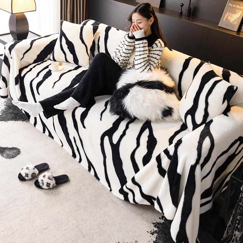 Zebra Print Rabbit Plush Sofa Towel Autumn and Winter All-inclusive Non-slip Living Room Cushion High-end Cover Cloth Thickened Winter Blanket