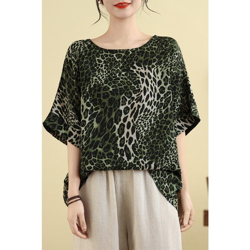 Large Size Cotton Literary Vintage Leopard Print Bat Top for Women's Summer Short-sleeved New Loose T-shirt To Make You Look Slim and Bottom