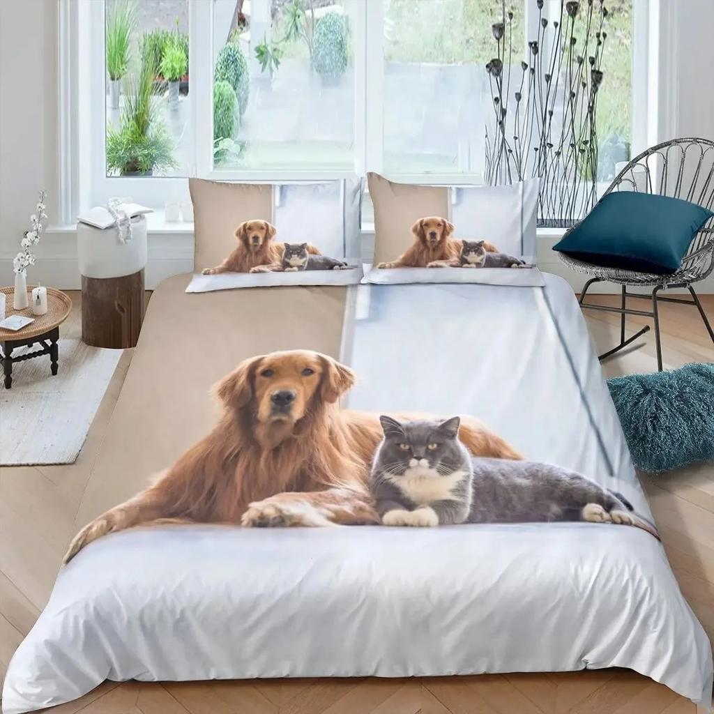 Katzen- und Hunde-Bettbezug-Set Mops Bettwäsche-Set Kawaii Welpe Tier Bettdeckenbezug Valentinstag Liebesherz Hochzeit Steppdeckenbezug