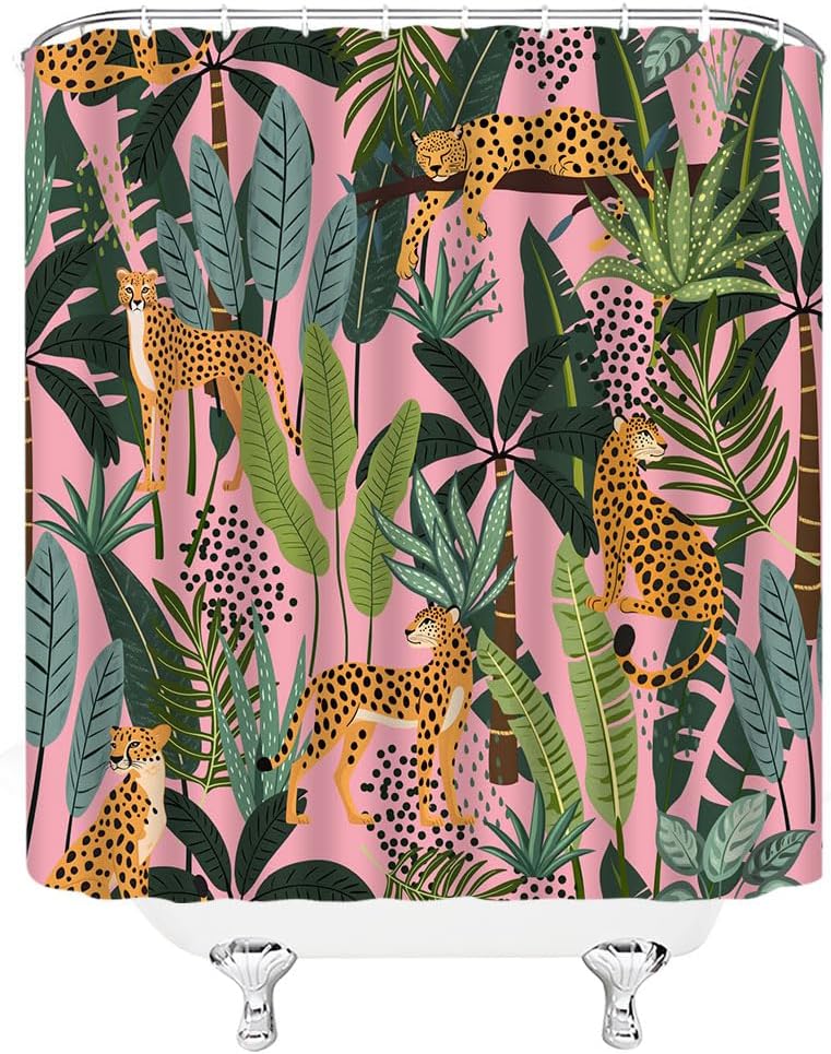 Leopard Shower Curtain Pink Wildlife Animal Leopard Asian Cheetah Tiger Tropical Palm Leaf Jungle Rainforest Plant Modern Boho P