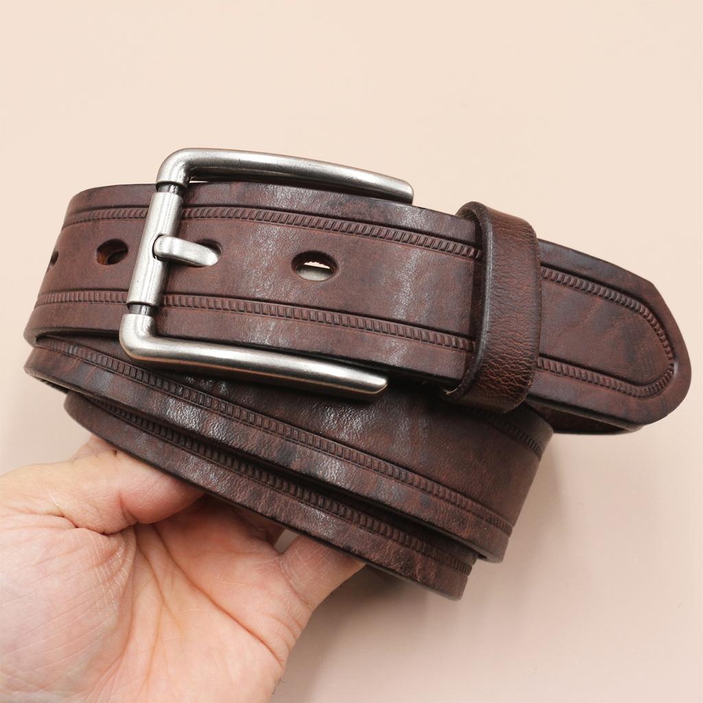 Embossed Retro Old Fashion Trendy and Personalized Cowhide Leather Belt Men's Genuine Leather Pin Buckle Jeans Belt Men's Style