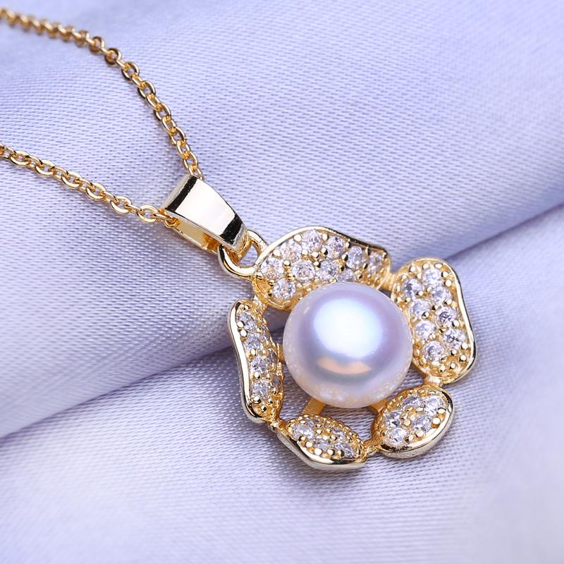 LSOOYH Natural Freshwater Pearl Neckalce Fashion Cubic Zirconia Green Crystal Flower Pendant Necklaces For Women