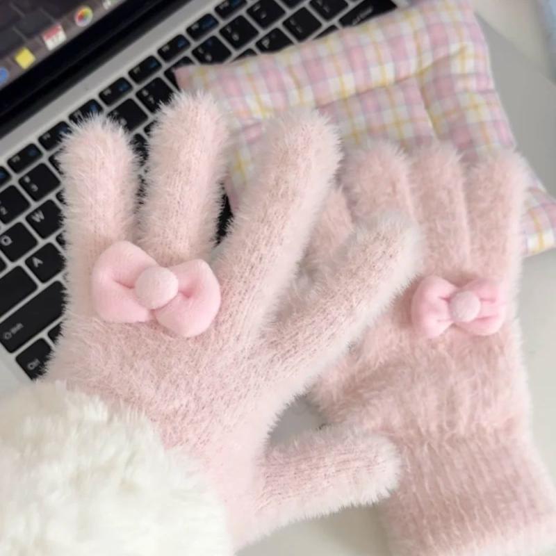 Plush Cute Butterfly Knot Knitted Gloves For Women In Winter, Anti Freeze Cycling Warmth Gloves Five-Finger Gloves