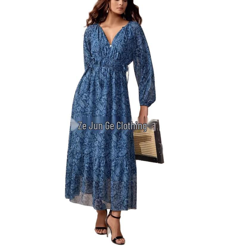 Bohemian Retro Paisley Print Women s A-line Dress with Lantern Sleeves and Lace-up Design. L темно-синий