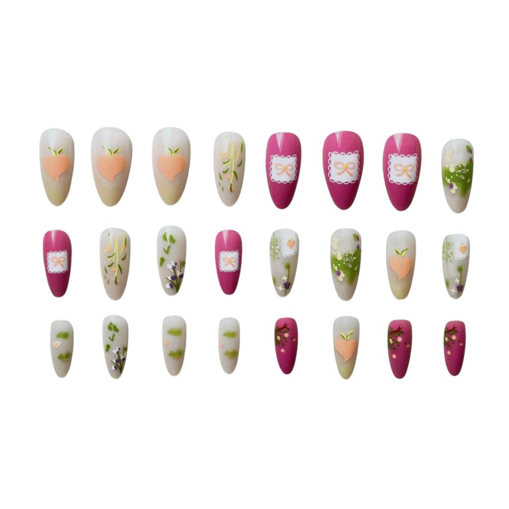 24PCS Retro Style Fake Nails with Flower Printed Sweet & Charming Reusable False Nails for Daily and Parties Wearing