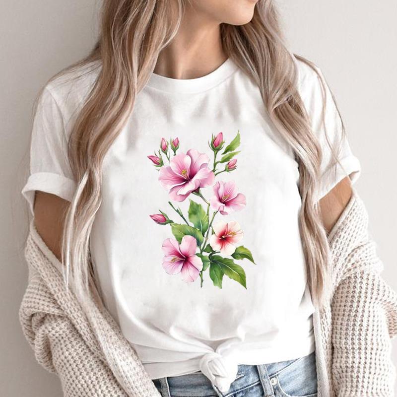 (Asian Size) O-neck Short Sleeve T-shirts Print Casual Top T trend flower style Graphic Tee Fashion Female Women's Clothing