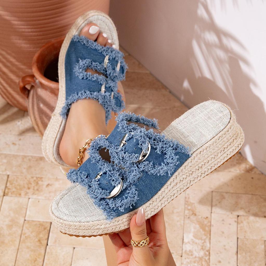 2026 Summer Women's Denim Mid-Heel Wedge Slippers with Thick Sole and Straw Weaving