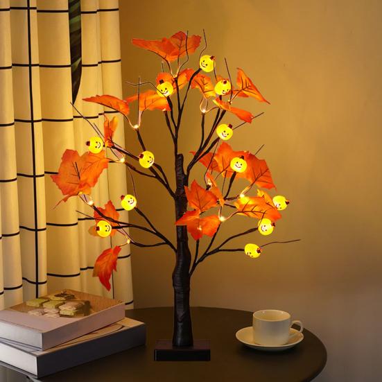 24 Inches Halloween Tree with Light LED Glowing Tree with Ghost/Pimpkin/Eyeball Light for Indoor Home Table Decor