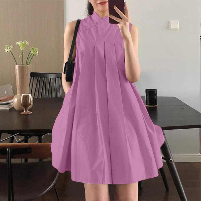 ZANZEA Women Casual Stand Collar Summer Loose Sleeveless Tank Dress