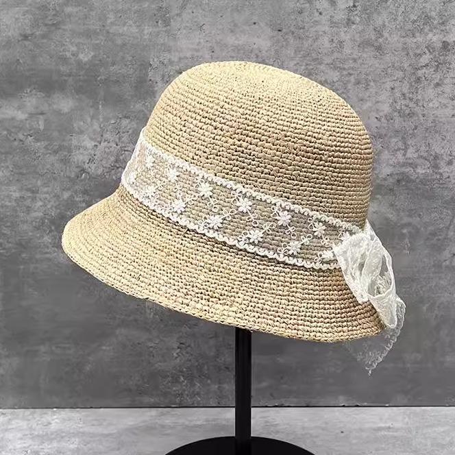 Lace Bow Short Brim Raffia Sunscreen Hat Women'S Hand Knitted Bucket Hat Summer Outing Sunshade Straw Hat