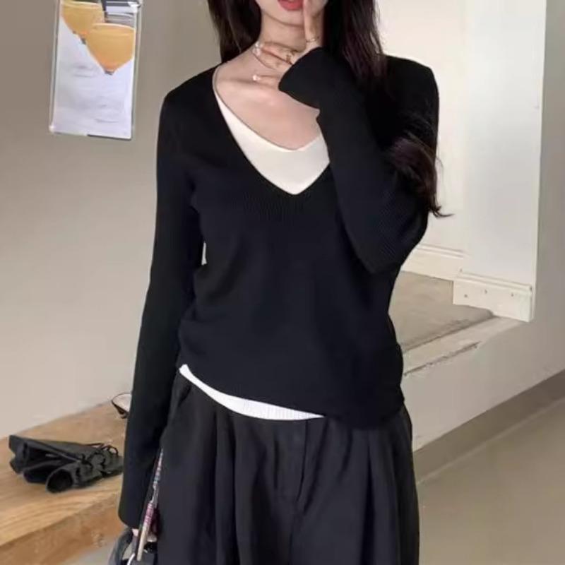 Autumn and Winter New Fake Two-piece Knitted Pullover, Women's Solid Color Bottoming, V-neck Long-sleeved Top Inside and Outside