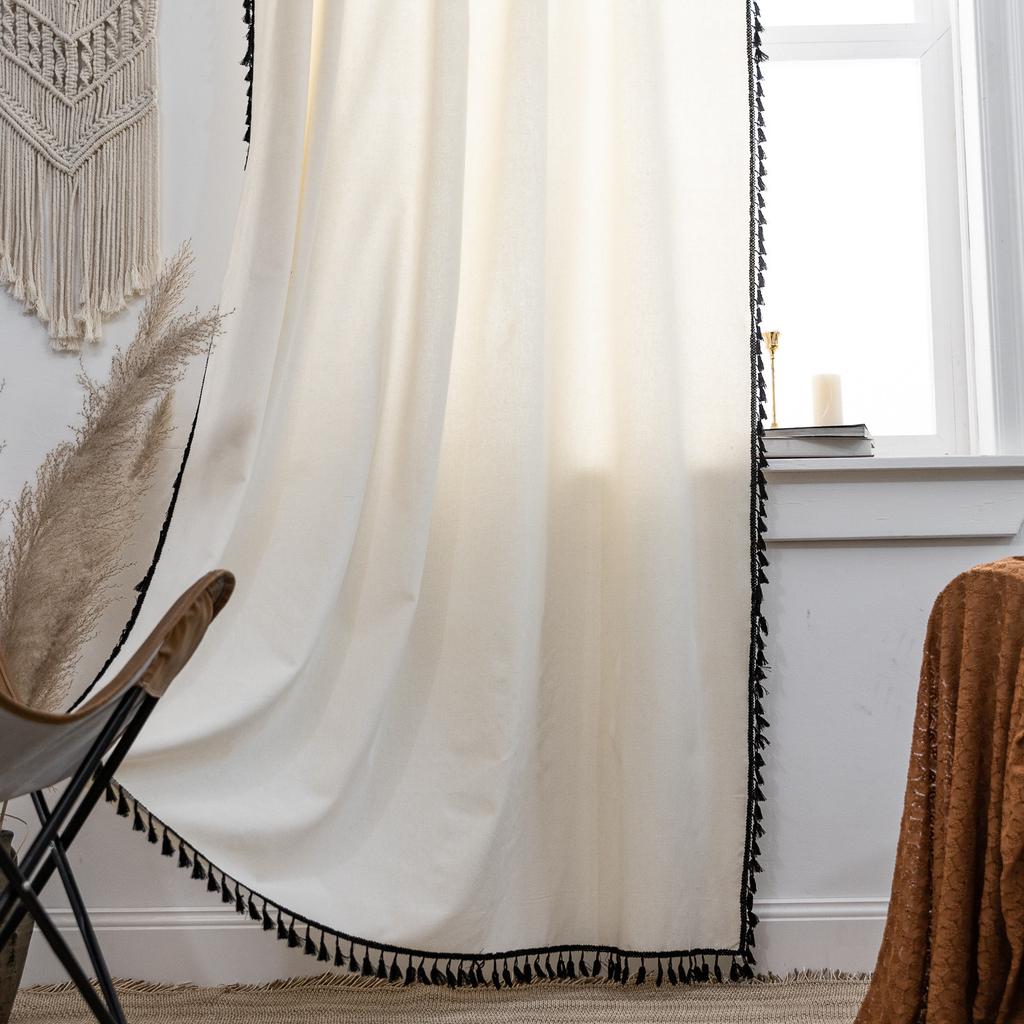 Curtain Finished Solid Color Cotton And Linen Fringed Semi-Blackout American Kitchen Floating Curtains Direct Supply