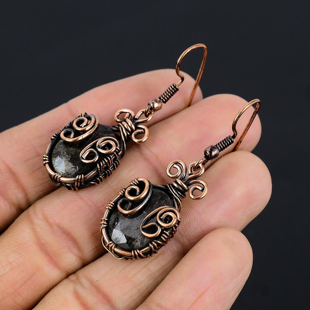 Black Rutile Jewelry, 999 Copper Wire Wrapped Gemstone Earrings, Handmade Earrings, For Memorial Day