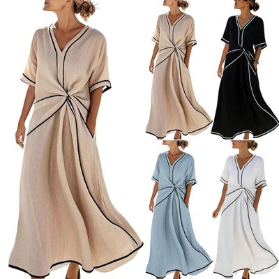 Dames Zomerjurk Korte Mouw V-Hals Ruche Casual Losse Lange Jurken